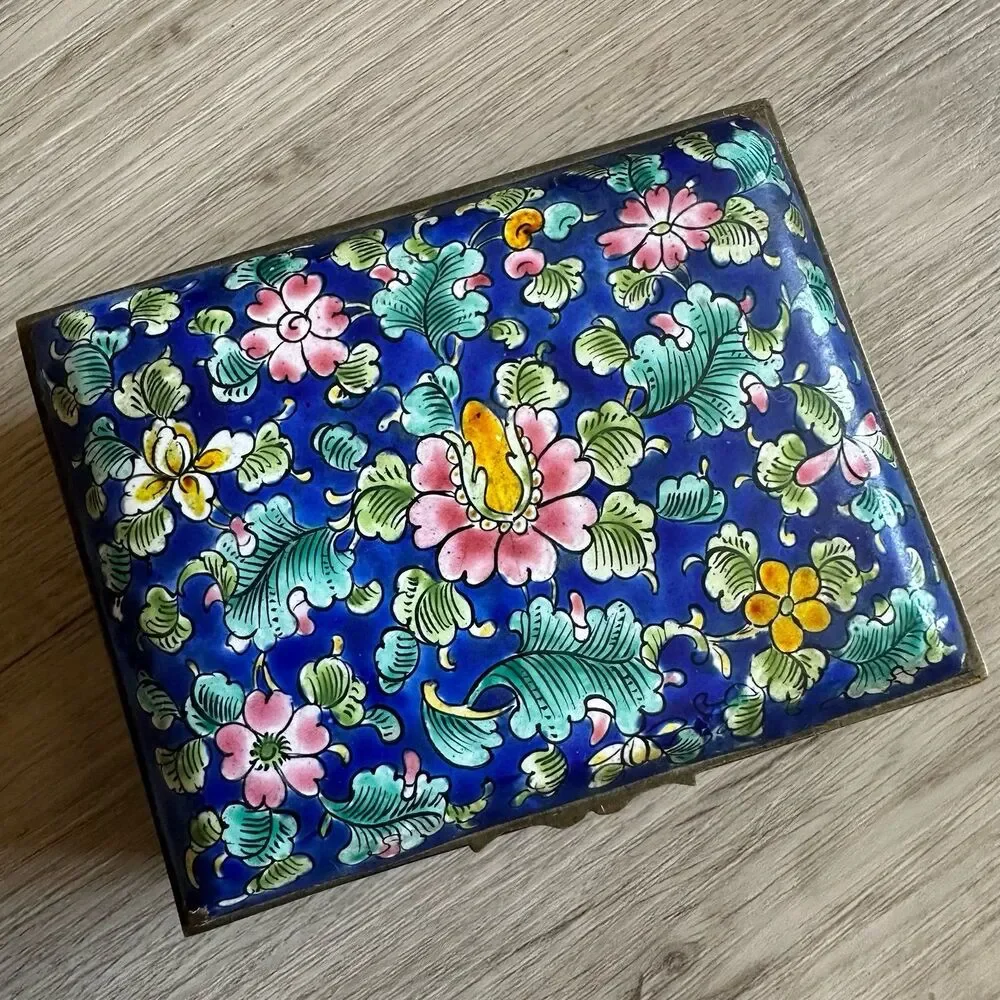 Antique Rich Colorful Hand Painted Ceramic Tile & Brass Wood Lined Trinket Box